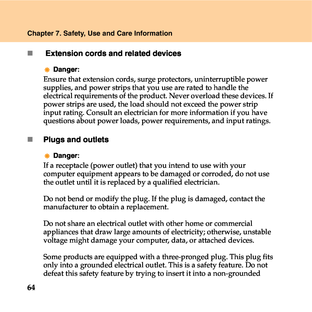 Lenovo Y550P manual „ Extension cords and related devices, „ Plugs and outlets, Safety, Use and Care Information, Danger 