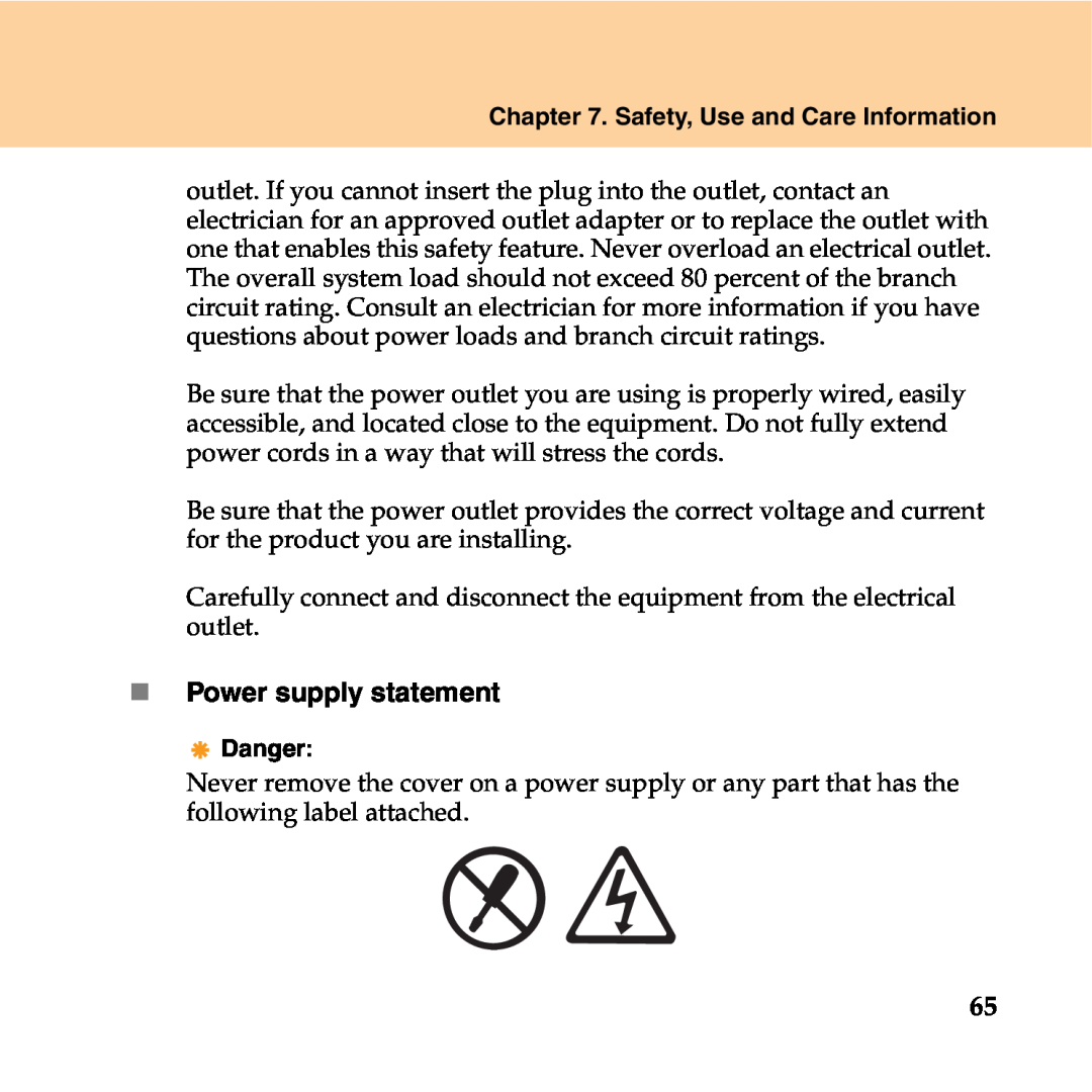 Lenovo Y550P manual „ Power supply statement, Safety, Use and Care Information, Danger 