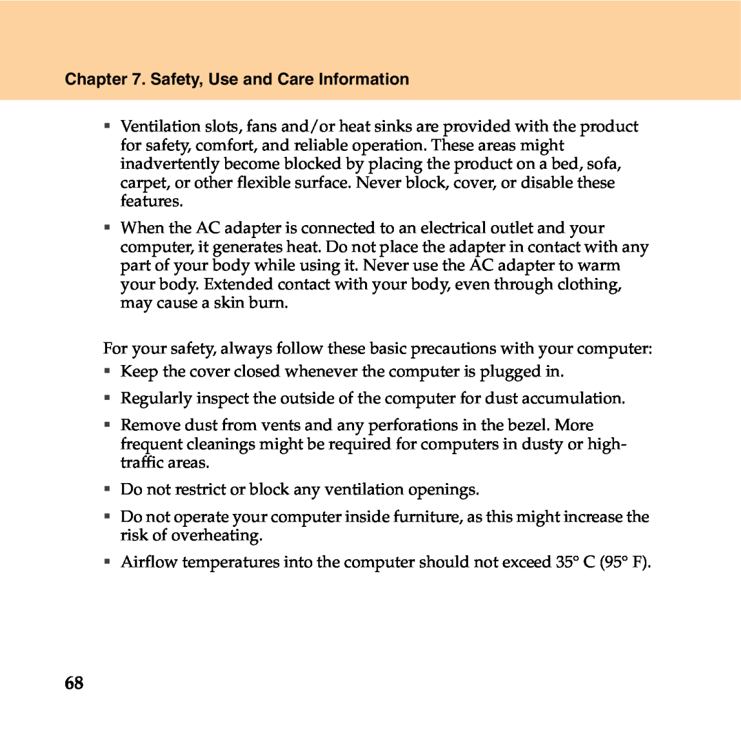 Lenovo Y550P manual Safety, Use and Care Information, ƒ Keep the cover closed whenever the computer is plugged in 