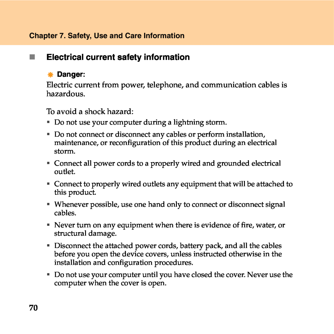 Lenovo Y550P manual „ Electrical current safety information, Safety, Use and Care Information, Danger 