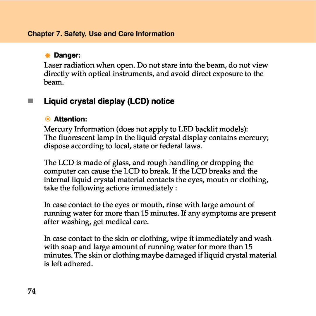 Lenovo Y550P manual „ Liquid crystal display LCD notice, Safety, Use and Care Information, Danger 