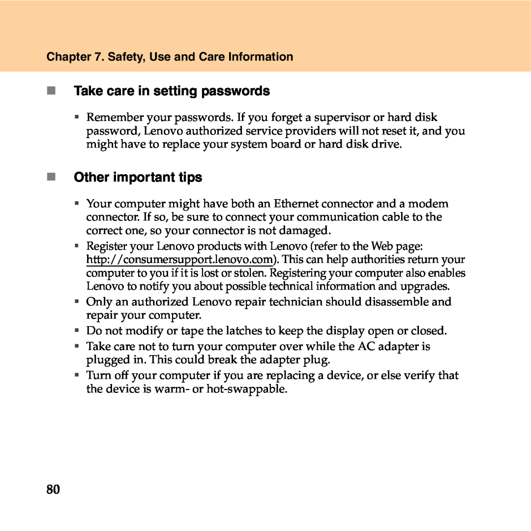 Lenovo Y550P manual „ Take care in setting passwords, „ Other important tips, Safety, Use and Care Information 