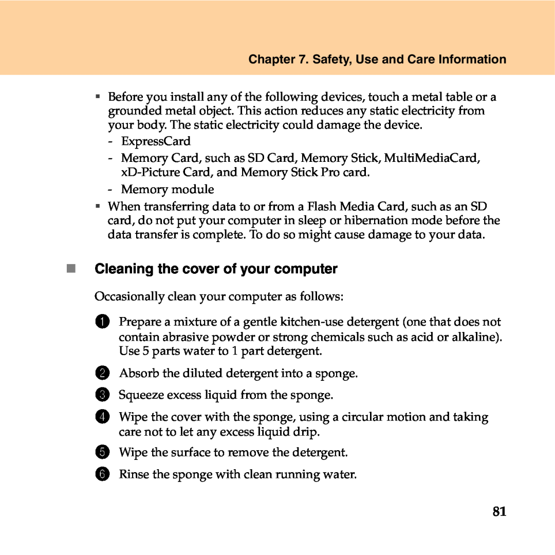 Lenovo Y550P manual „ Cleaning the cover of your computer, Safety, Use and Care Information 