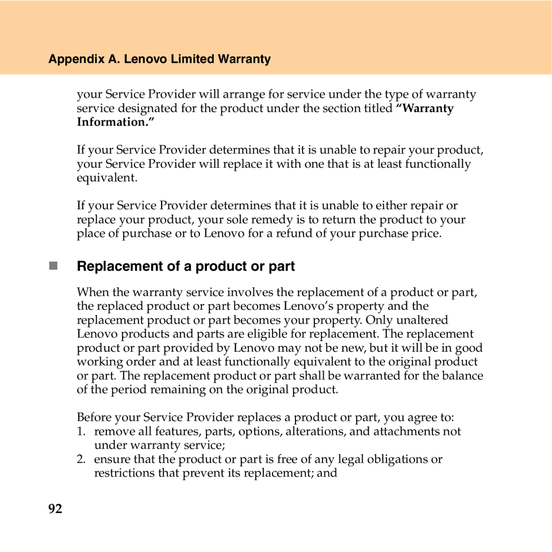 Lenovo Y550P manual „ Replacement of a product or part, Information 