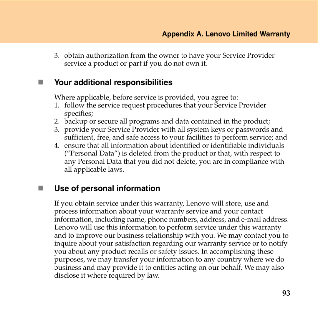 Lenovo Y550P manual „ Your additional responsibilities, „ Use of personal information 