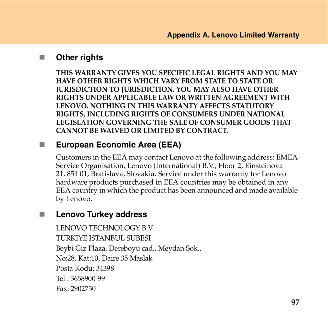 Lenovo Y550P manual „ Other rights, „ European Economic Area EEA, „ Lenovo Turkey address 