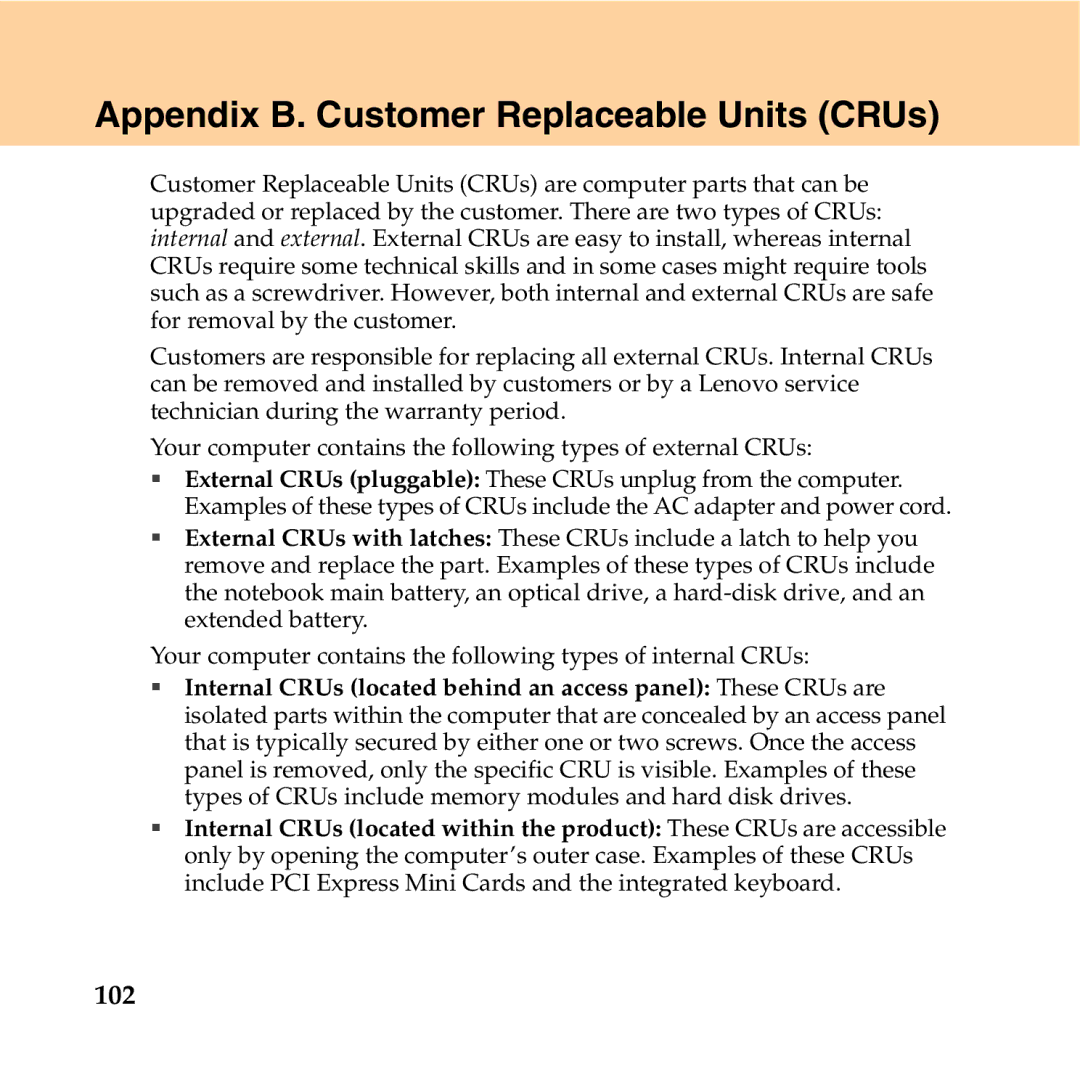 Lenovo Y550P manual Appendix B. Customer Replaceable Units CRUs, 102 