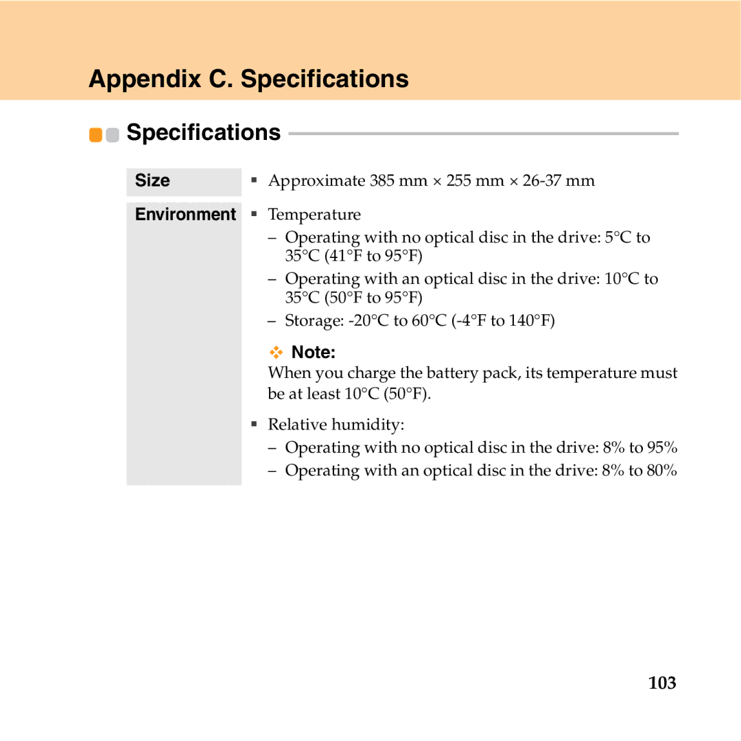 Lenovo Y550P manual Appendix C. Specifications, 103, Size, Environment ƒ Temperature 