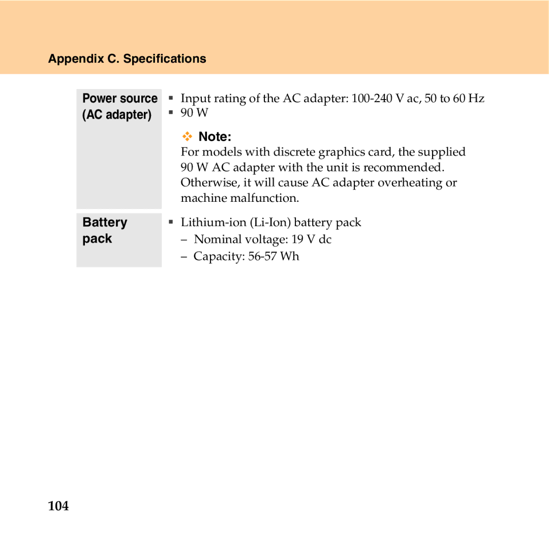 Lenovo Y550P manual 104, Appendix C. Specifications 