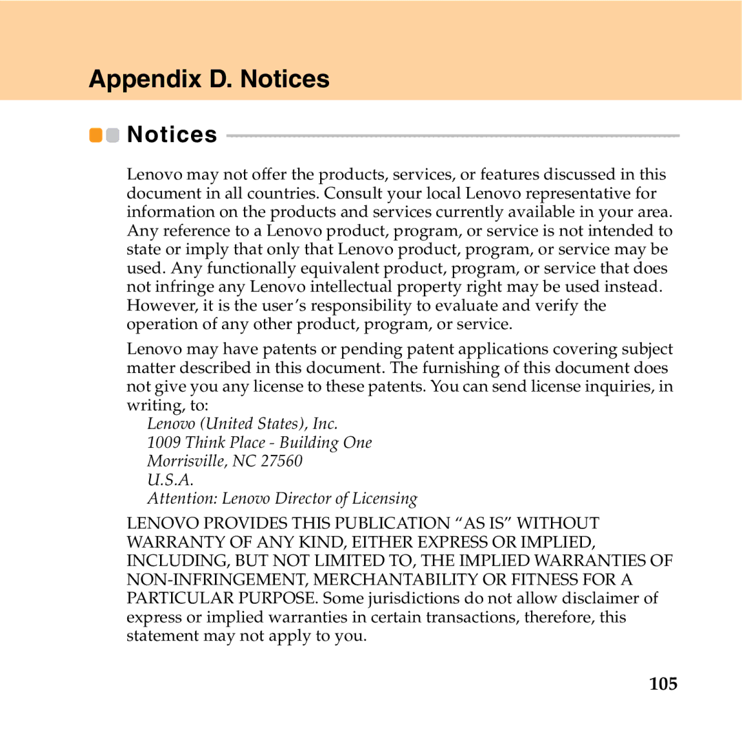 Lenovo Y550P manual Appendix D. Notices, 105 