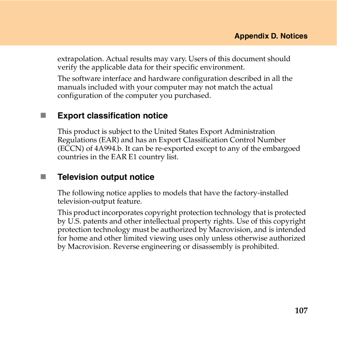 Lenovo Y550P manual „ Export classification notice, „ Television output notice, 107 