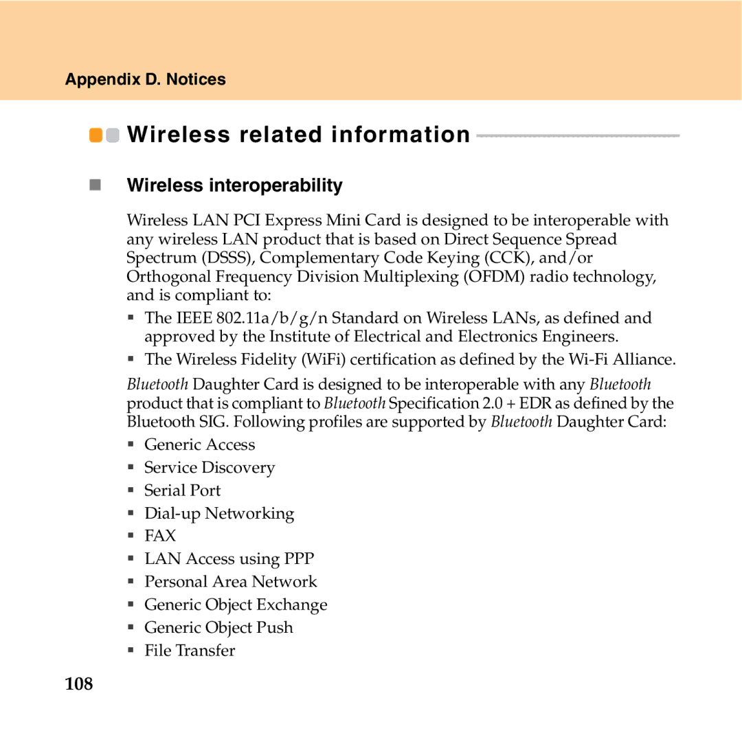 Lenovo Y550P manual Wireless related information, „ Wireless interoperability, 108 