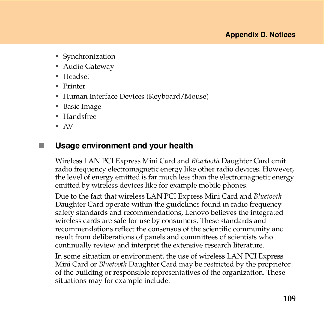 Lenovo Y550P manual „ Usage environment and your health, 109 