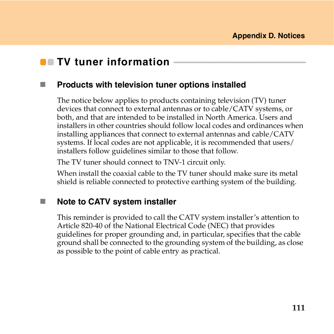 Lenovo Y550P TV tuner information, „ Products with television tuner options installed, „ Note to Catv system installer 