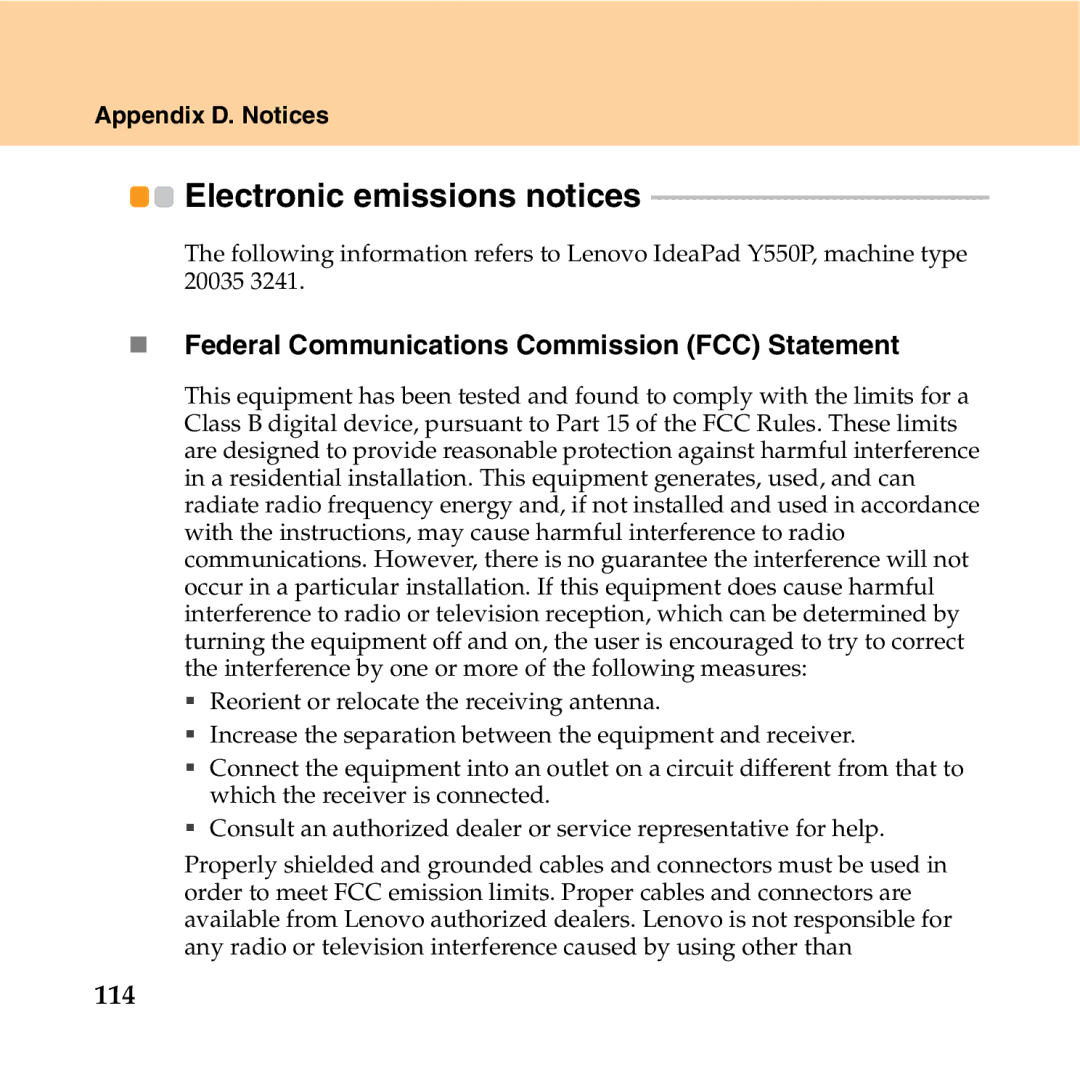 Lenovo Y550P manual Electronic emissions notices, „ Federal Communications Commission FCC Statement, 114 