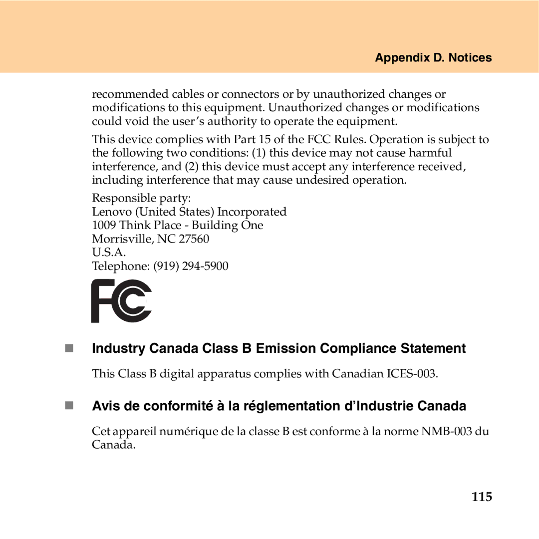 Lenovo Y550P manual „ Industry Canada Class B Emission Compliance Statement, 115 