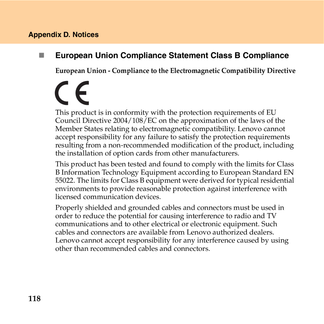 Lenovo Y550P manual „ European Union Compliance Statement Class B Compliance, 118 