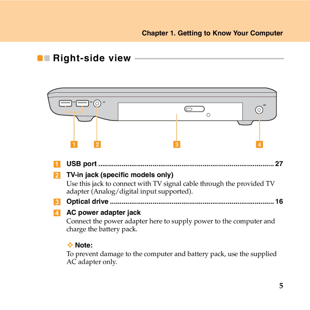 Lenovo Y550P manual Right-side view, TV-in jack specific models only, AC power adapter jack 