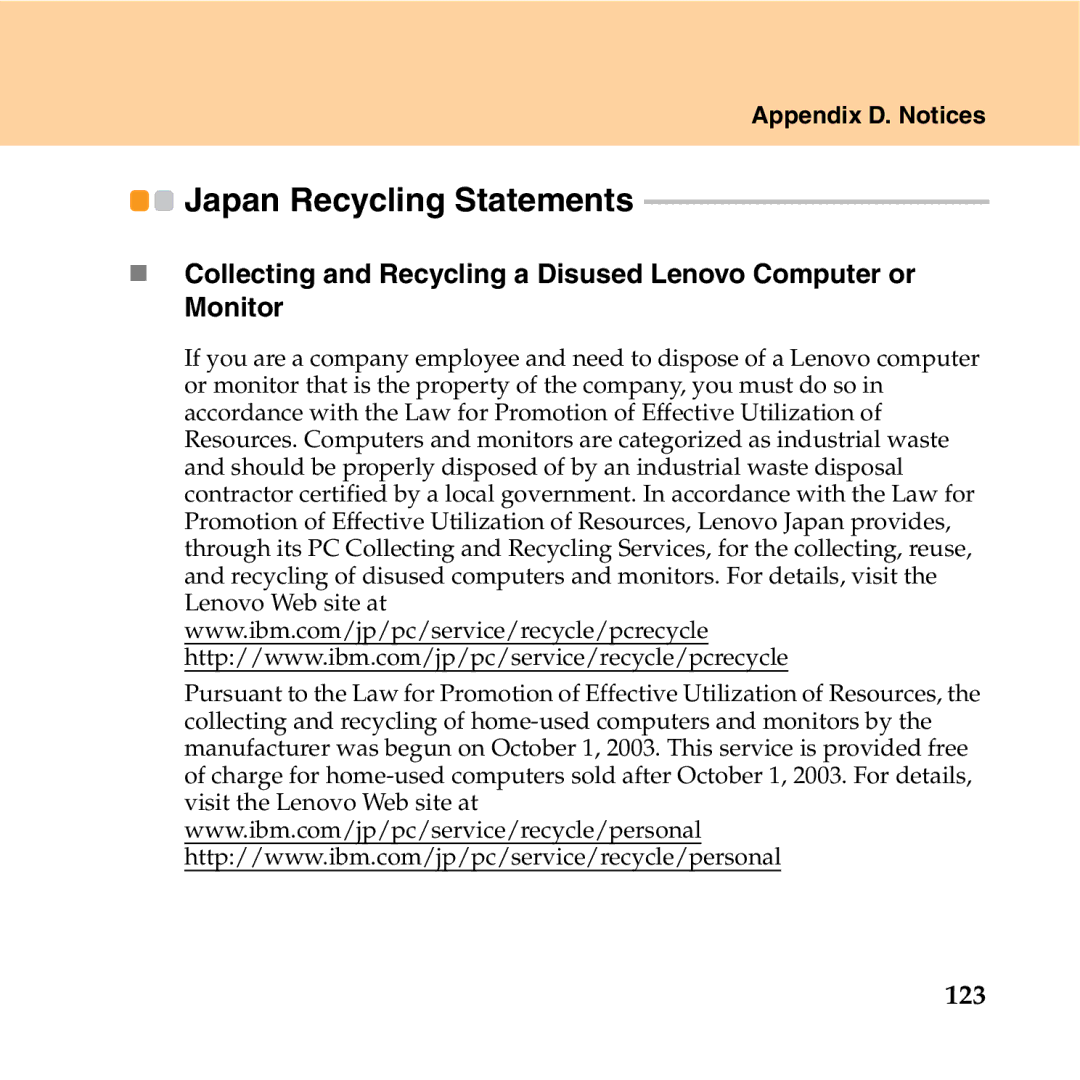 Lenovo Y550P manual Japan Recycling Statements, 123 