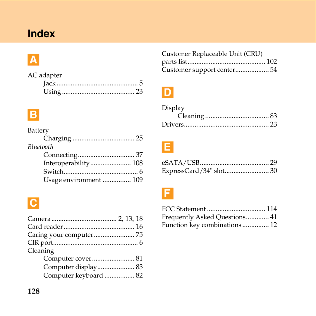 Lenovo Y550P manual Index, 128 