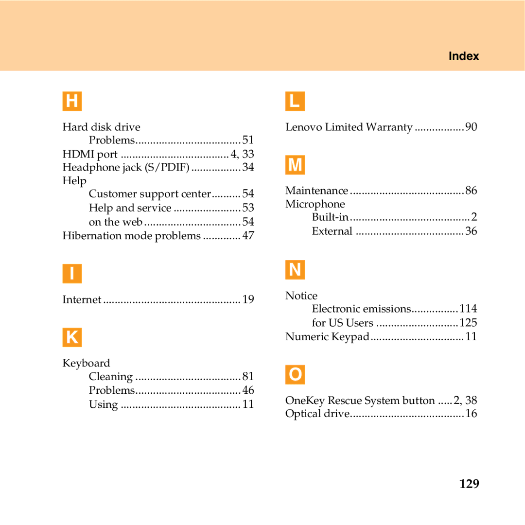 Lenovo Y550P manual 129, Index 