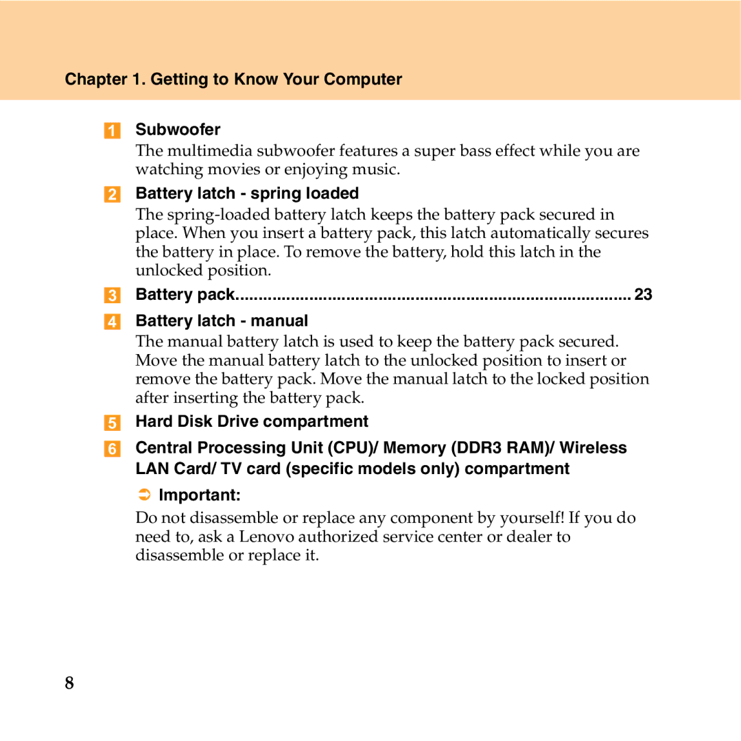 Lenovo Y550P Getting to Know Your Computer Subwoofer, Battery latch spring loaded, Battery latch manual 