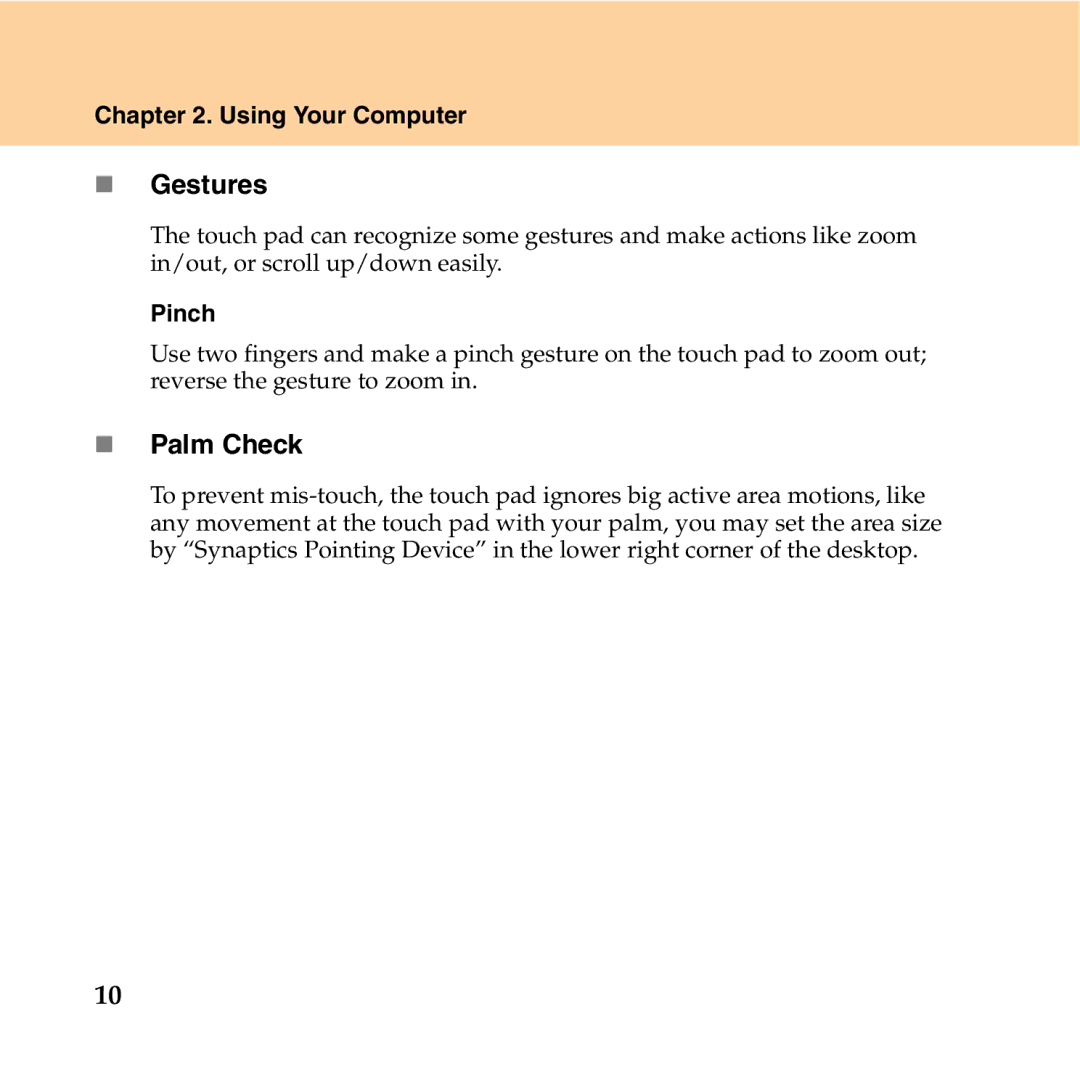 Lenovo Y550P manual „ Gestures, „ Palm Check, Using Your Computer, Pinch 