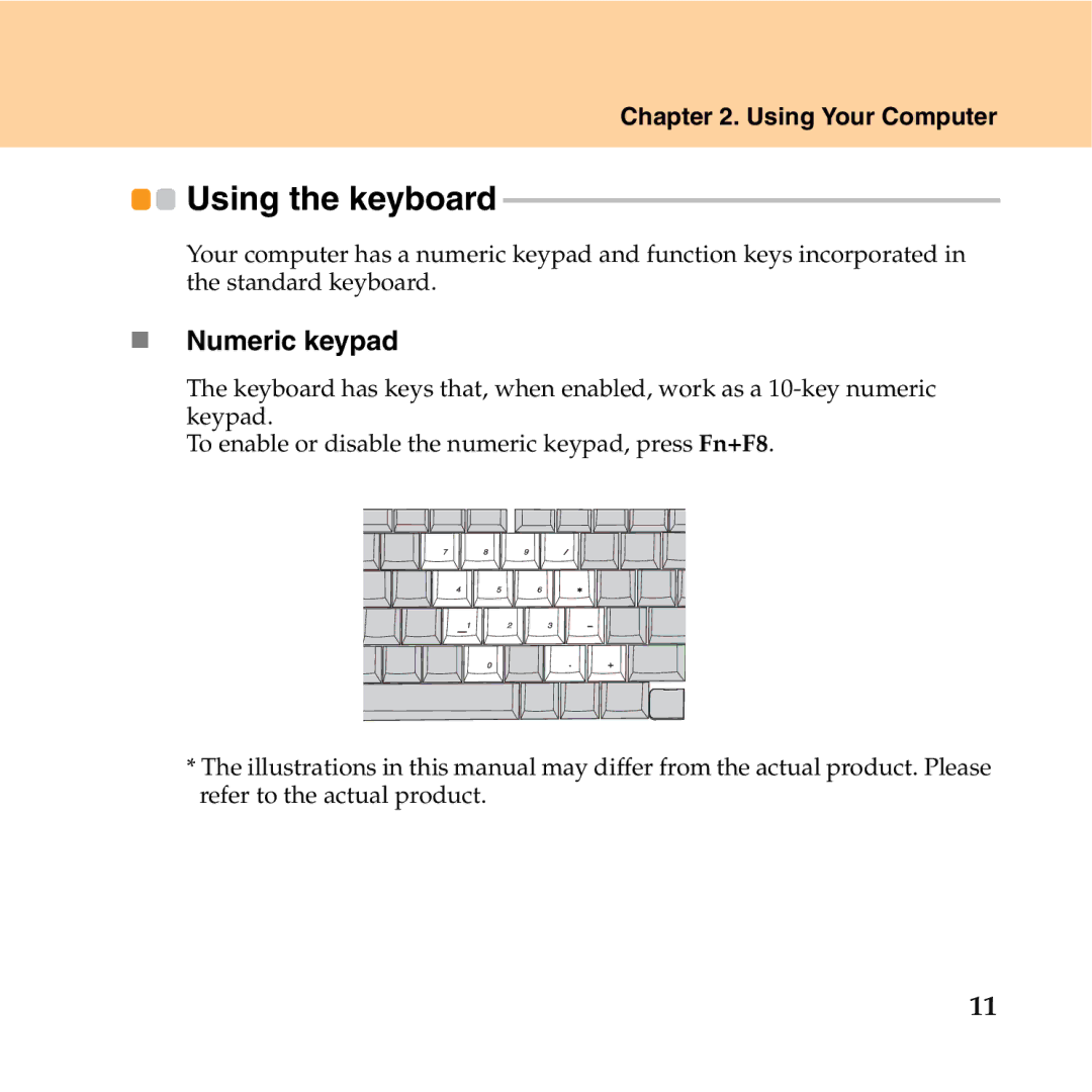 Lenovo Y550P manual Using the keyboard, „ Numeric keypad 