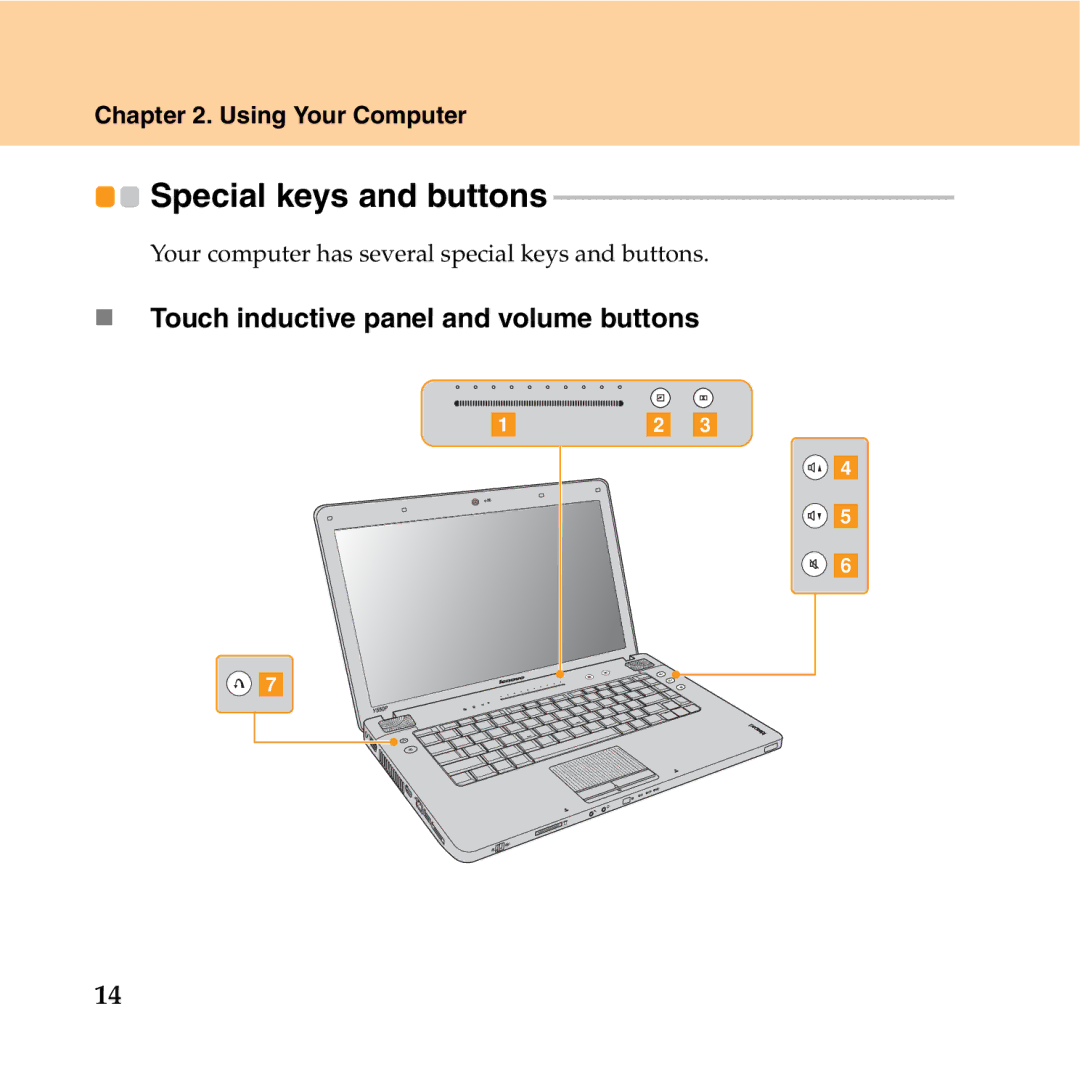 Lenovo Y550P manual Special keys and buttons, „ Touch inductive panel and volume buttons 