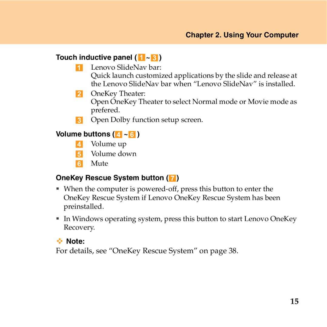 Lenovo Y550P manual Using Your Computer Touch inductive panel ~, Volume buttons ~, OneKey Rescue System button 