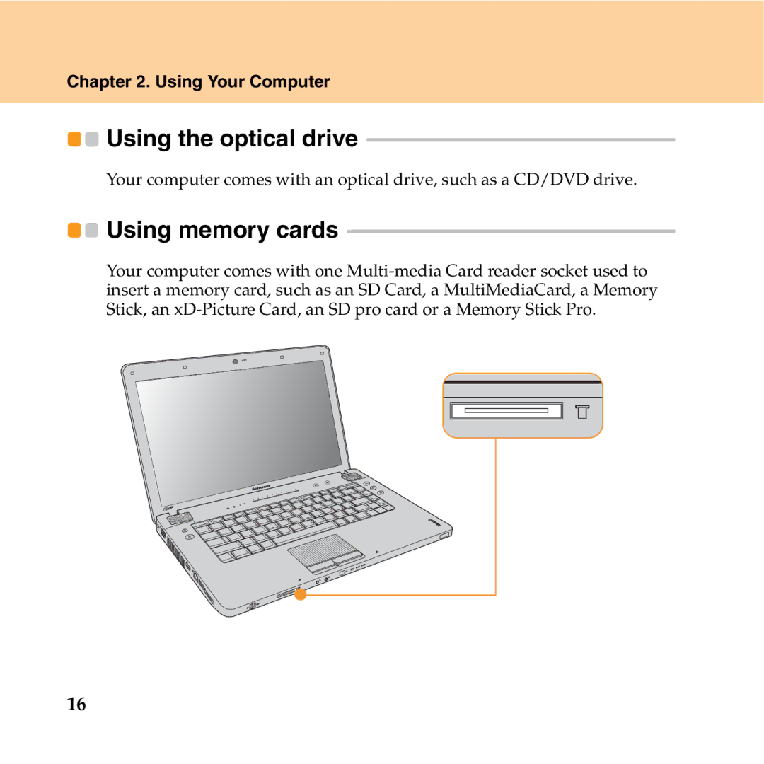 Lenovo Y550P manual Using the optical drive, Using memory cards 