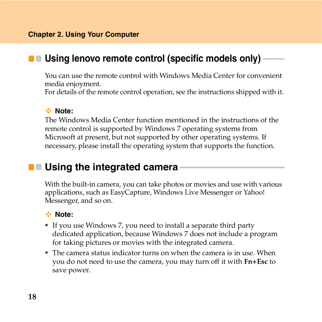 Lenovo Y550P manual Using lenovo remote control specific models only, Using the integrated camera 