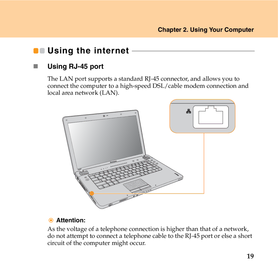 Lenovo Y550P manual Using the internet, „ Using RJ-45 port 