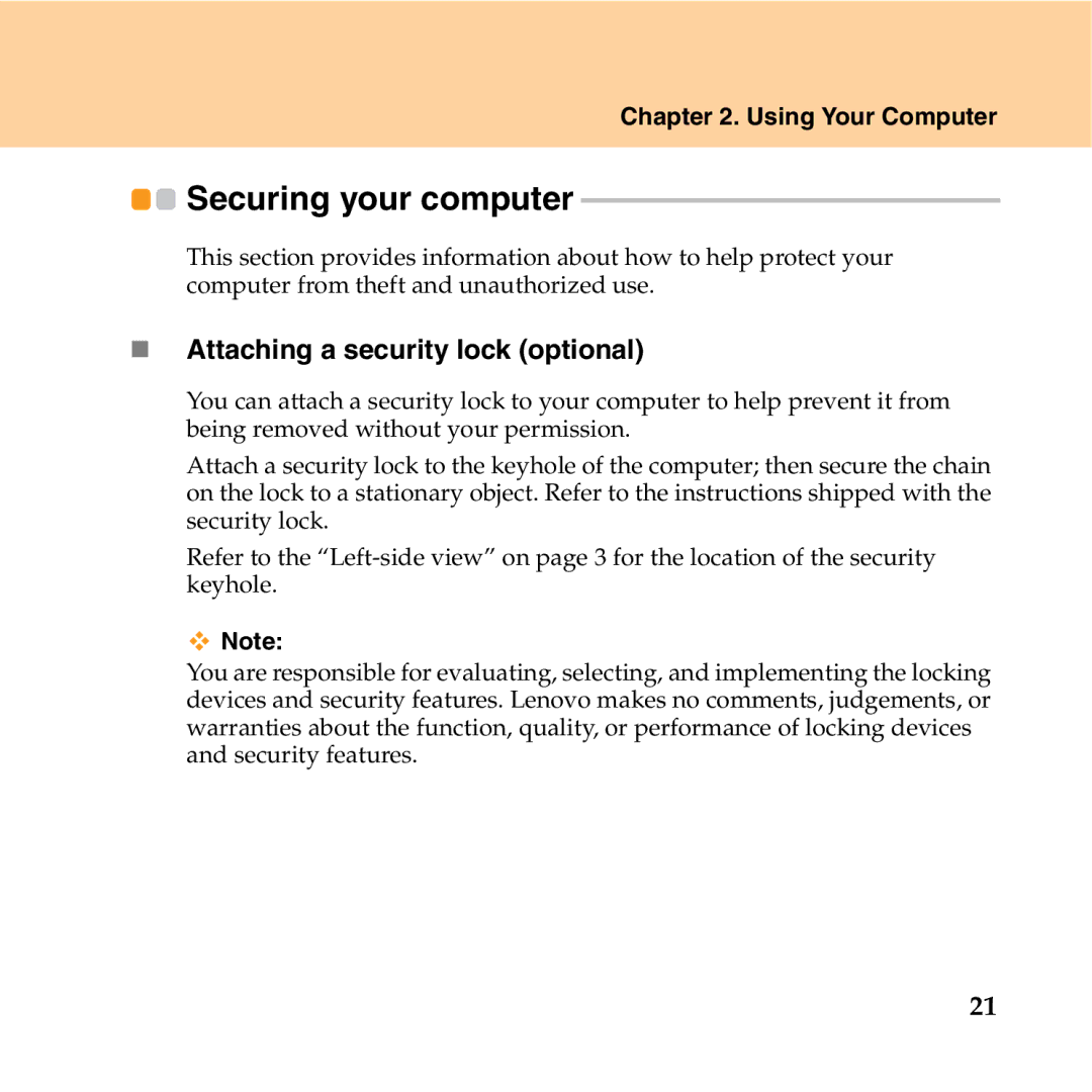 Lenovo Y550P manual Securing your computer, „ Attaching a security lock optional 