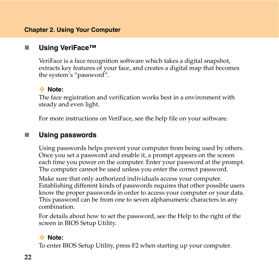Lenovo Y550P manual „ Using VeriFace, „ Using passwords 