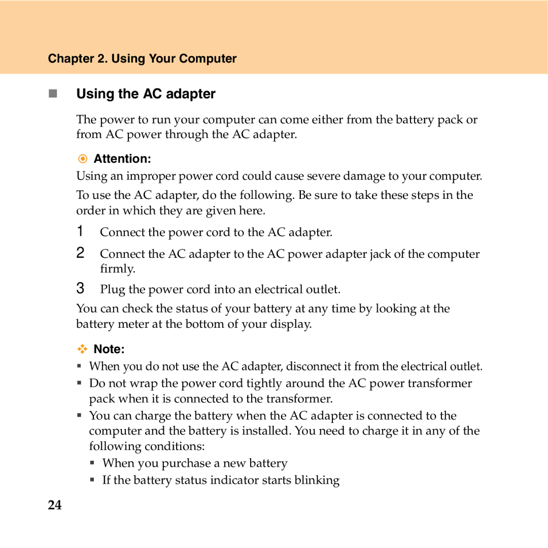 Lenovo Y550P manual „ Using the AC adapter 