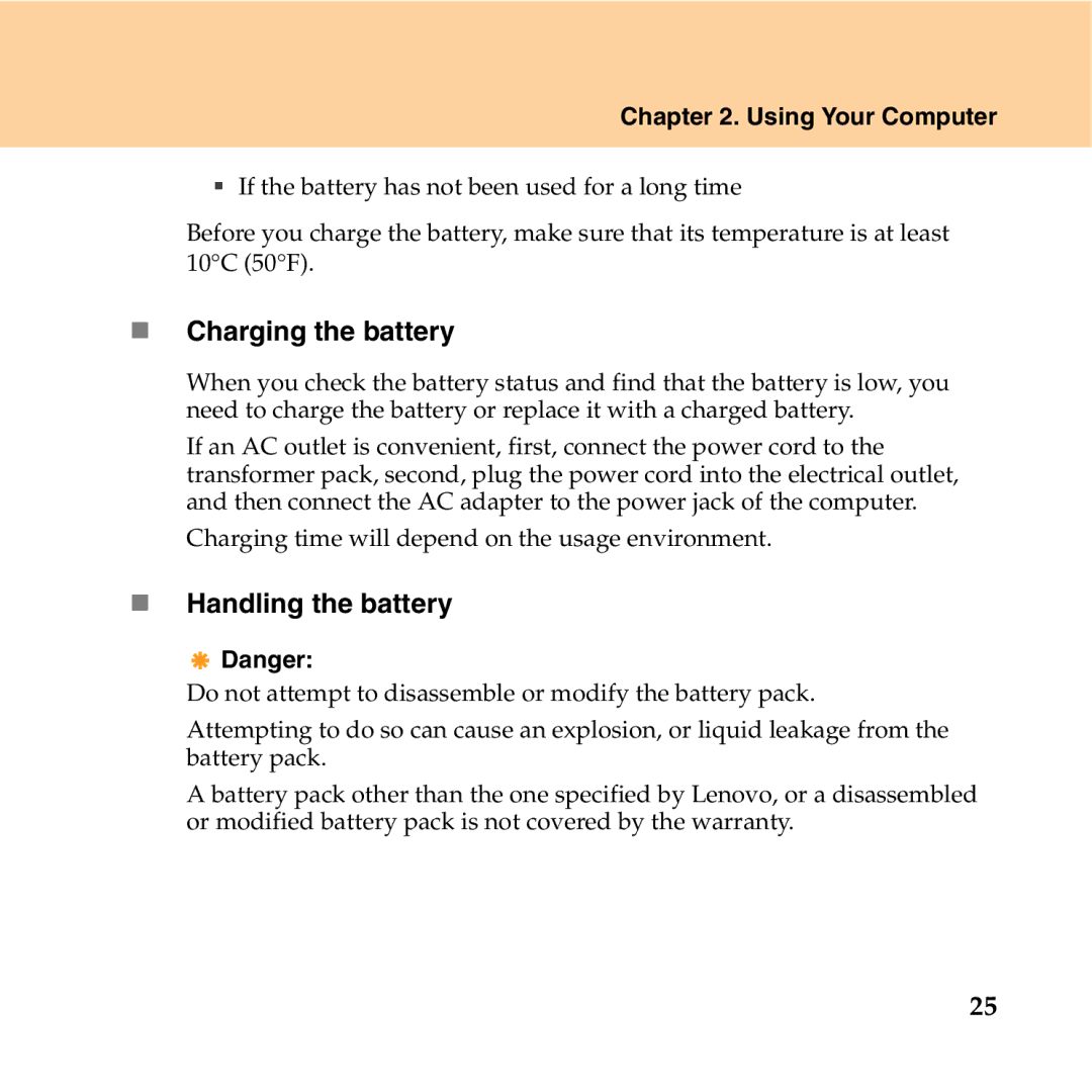 Lenovo Y550P manual „ Charging the battery, „ Handling the battery 