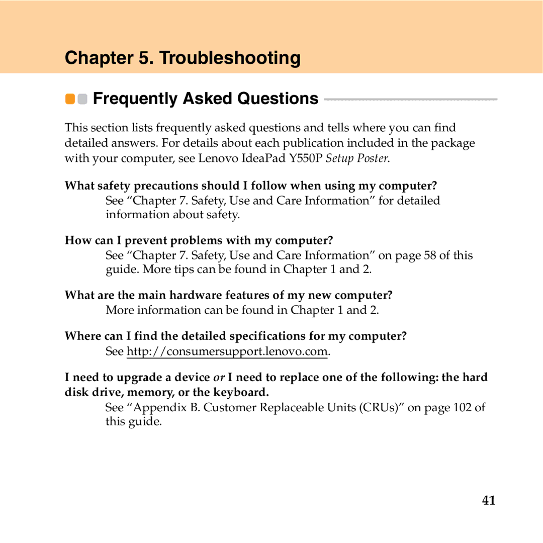 Lenovo Y550P manual Troubleshooting, Frequently Asked Questions 