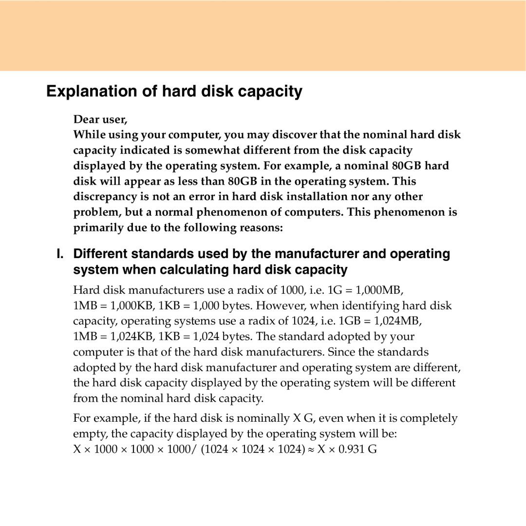 Lenovo Y550P manual Explanation of hard disk capacity 