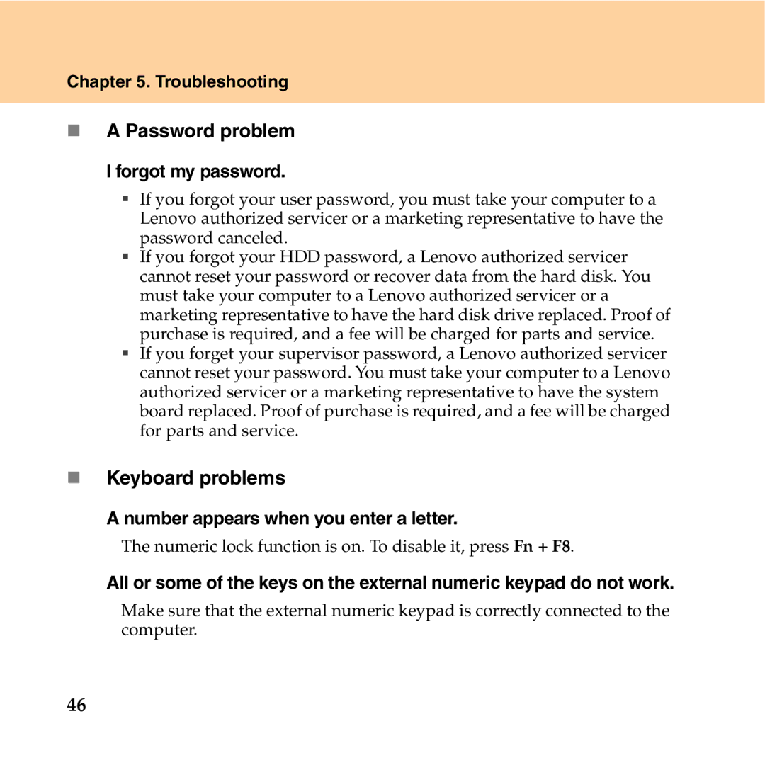 Lenovo Y550P manual „ a Password problem, „ Keyboard problems, Forgot my password, Number appears when you enter a letter 