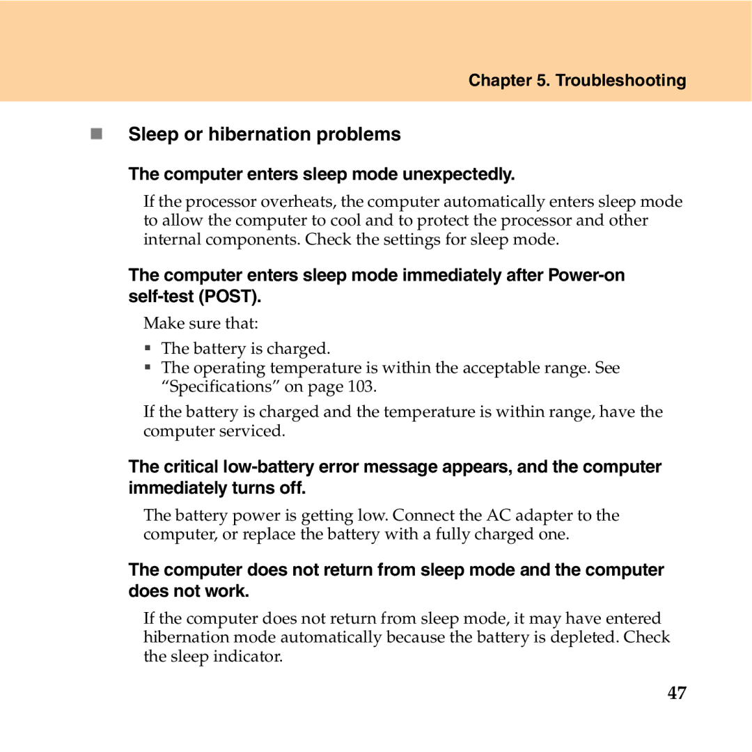 Lenovo Y550P manual „ Sleep or hibernation problems, Computer enters sleep mode unexpectedly 