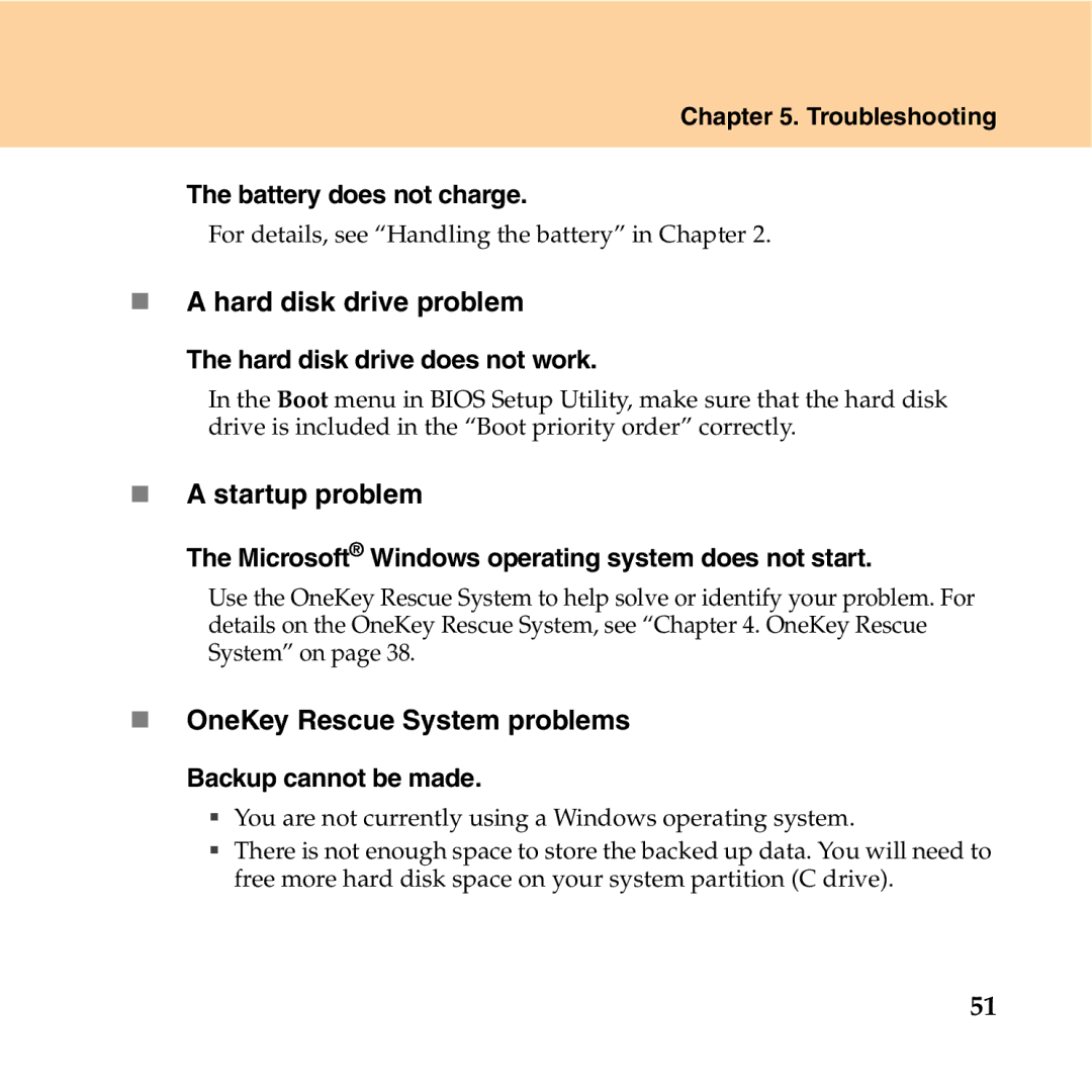 Lenovo Y550P manual „ a hard disk drive problem, „ a startup problem, „ OneKey Rescue System problems 