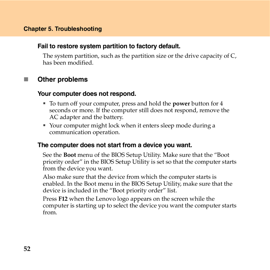 Lenovo Y550P manual „ Other problems, Your computer does not respond, Computer does not start from a device you want 