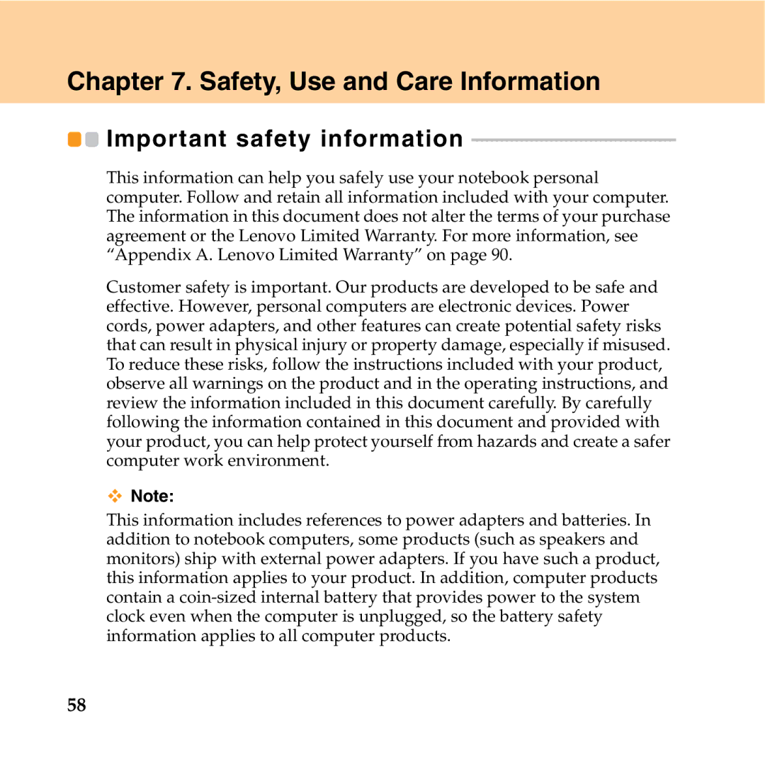 Lenovo Y550P manual Safety, Use and Care Information, Important safety information 