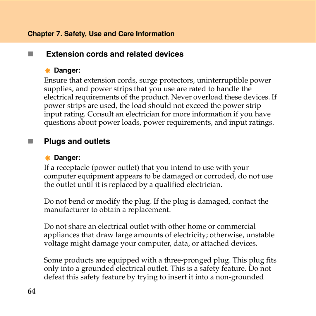 Lenovo Y550P manual „ Extension cords and related devices, „ Plugs and outlets 