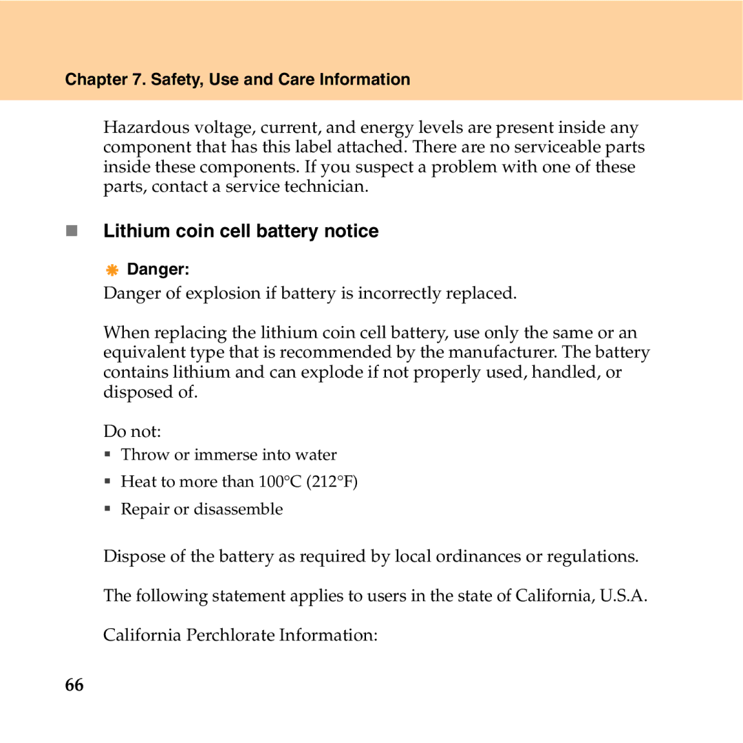 Lenovo Y550P manual „ Lithium coin cell battery notice 