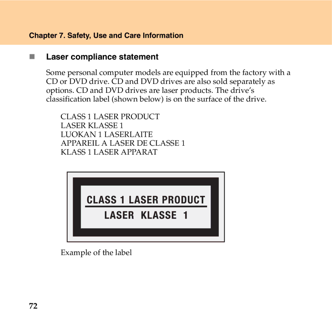 Lenovo Y550P manual „ Laser compliance statement 