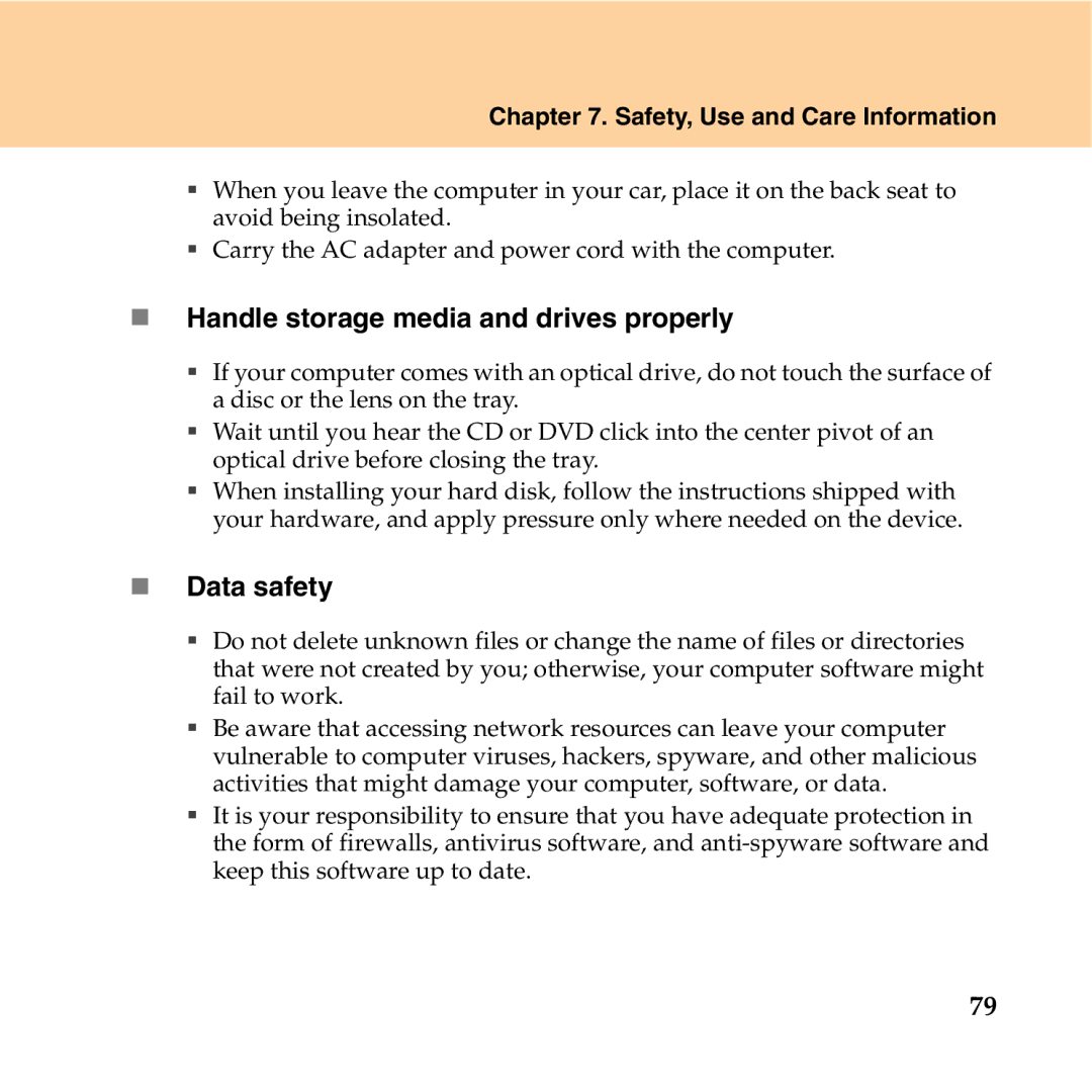 Lenovo Y550P manual „ Handle storage media and drives properly, „ Data safety 