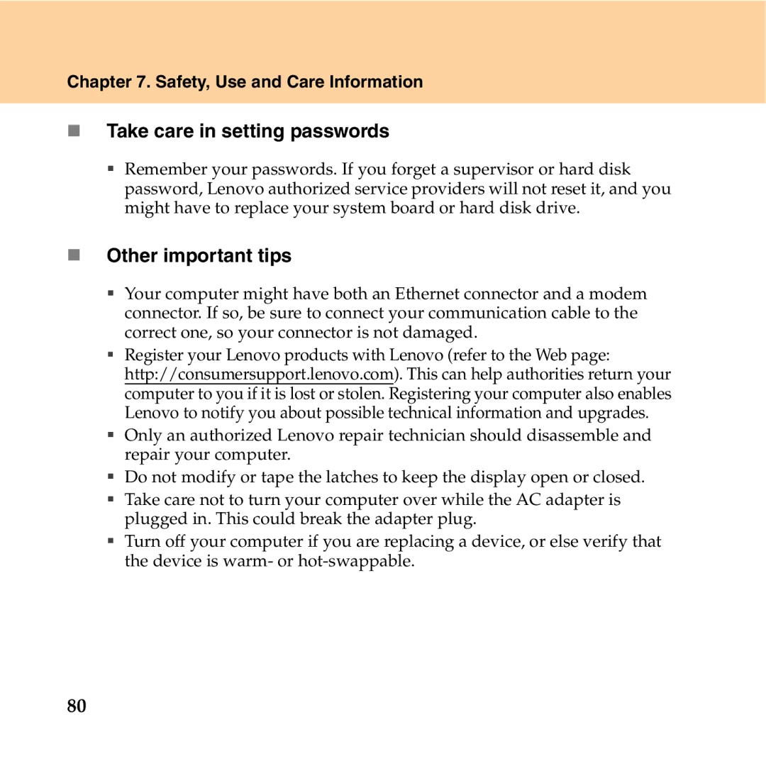 Lenovo Y550P manual „ Take care in setting passwords, „ Other important tips 