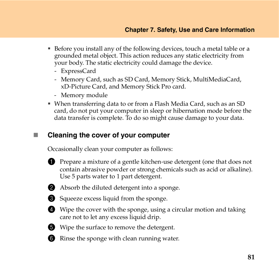 Lenovo Y550P manual „ Cleaning the cover of your computer 